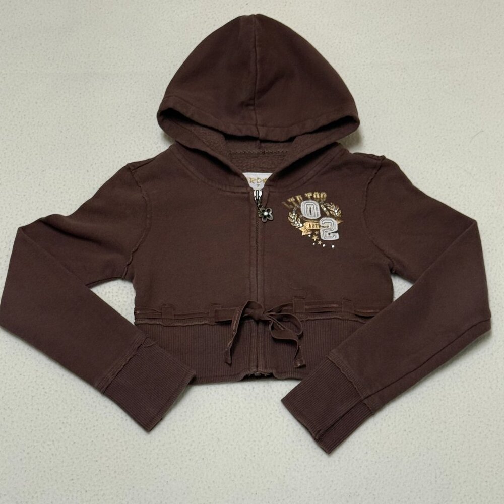 VTG Limited Too "02" Girl's Cropped Hooded Full Zip Jacket w/ Tie - Brown-Size 7 - Picture 2 of 5